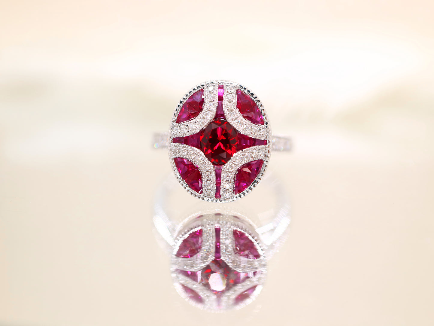 Art Deco natural ruby and diamond ring in white gold