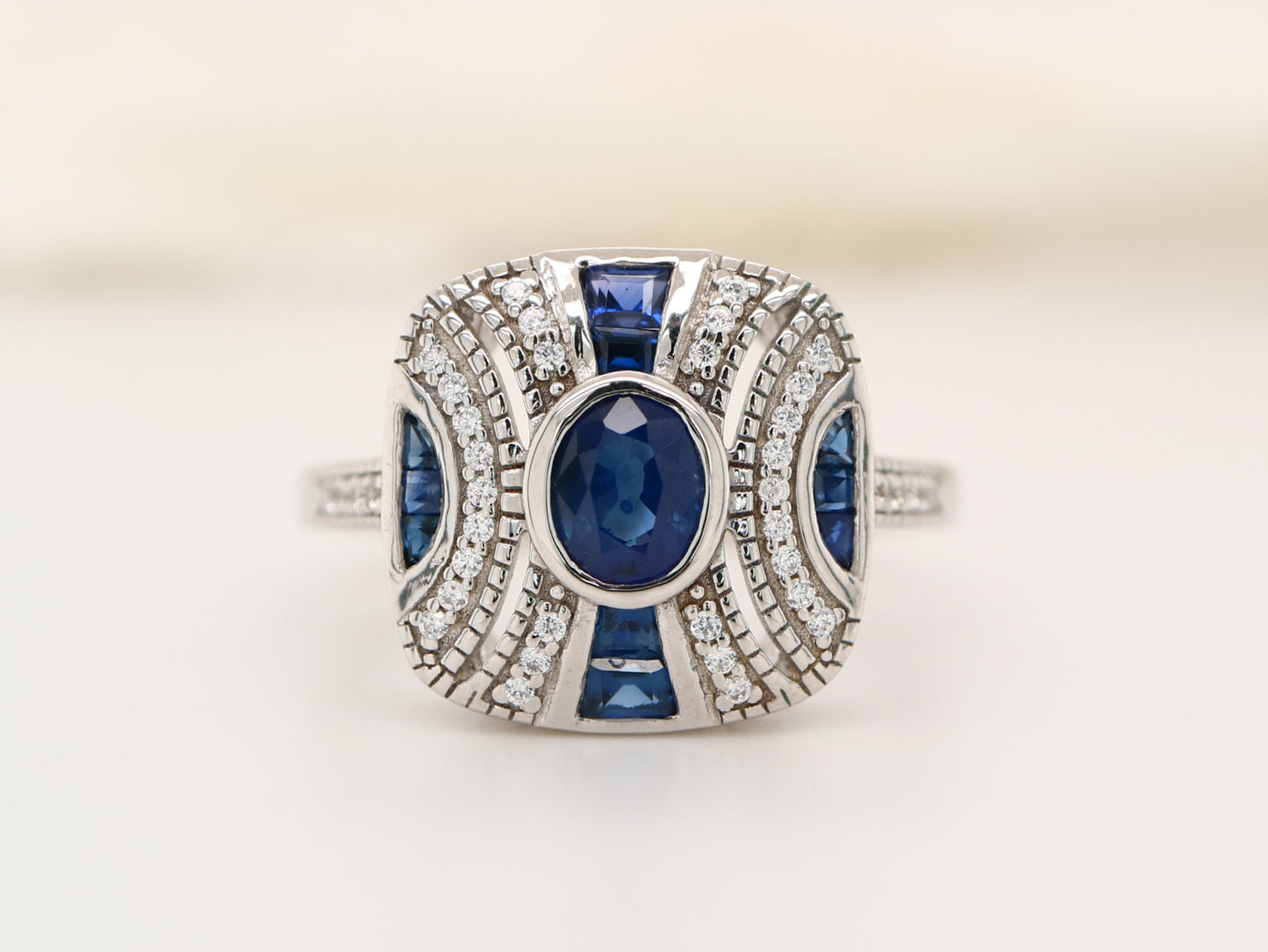 Art deco sapphire ring in classic cushion design