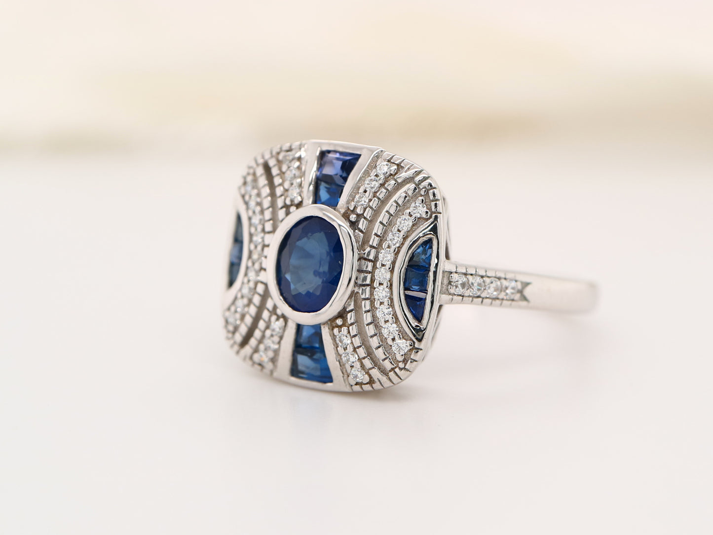 Art deco sapphire ring in classic cushion design