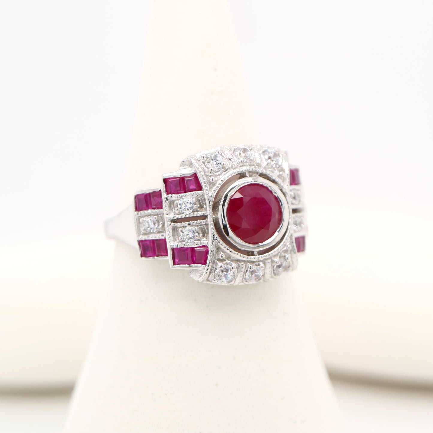Art deco ruby ring with French cut rubies and diamonds