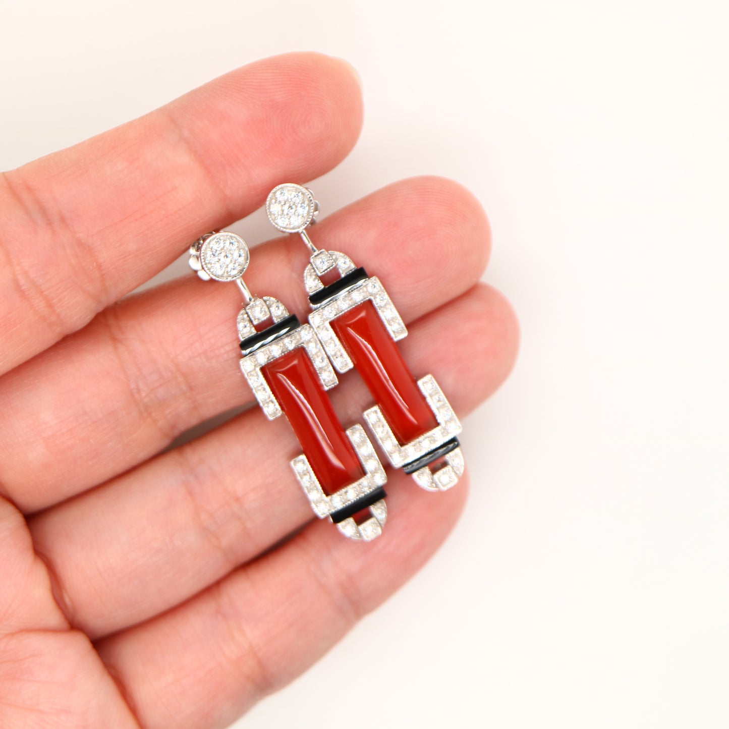 Art deco earrings in sterling silver, carnelian and black onyx
