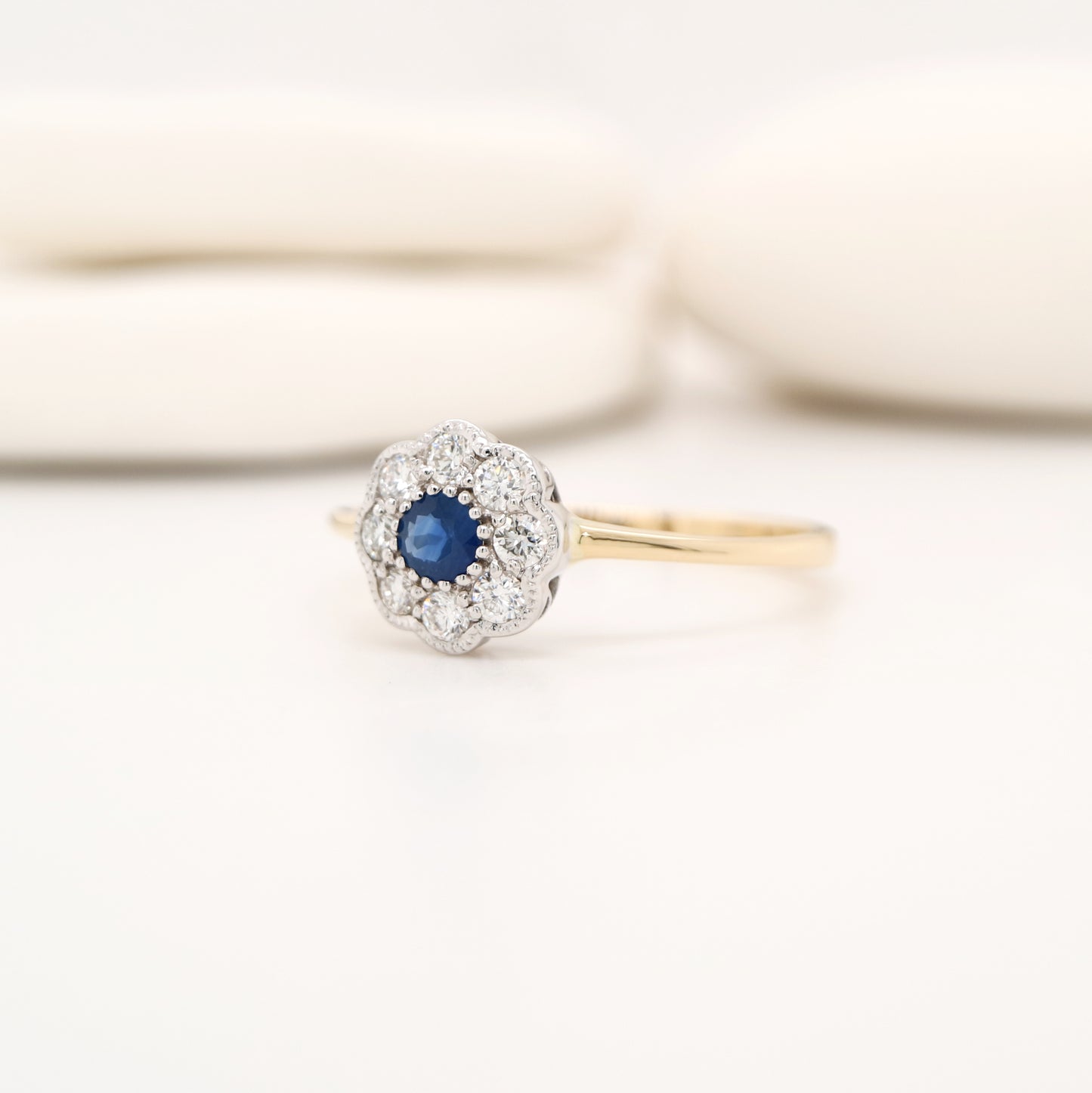 Victorian-style daisy cluster Sapphire and diamond ring in twin gold, daisy style diamond ring, vintage sapphire daisy ring