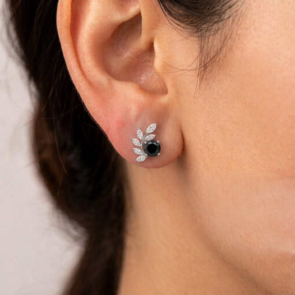 Natural black diamond garland studs in 9k white gold
