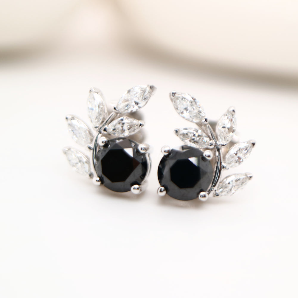 Natural black diamond garland studs in 9k white gold