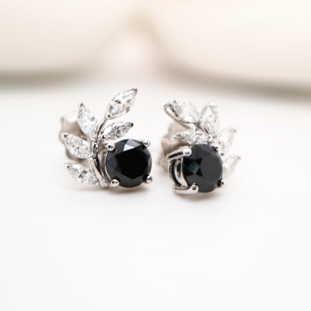 Natural black diamond garland studs in 9k white gold