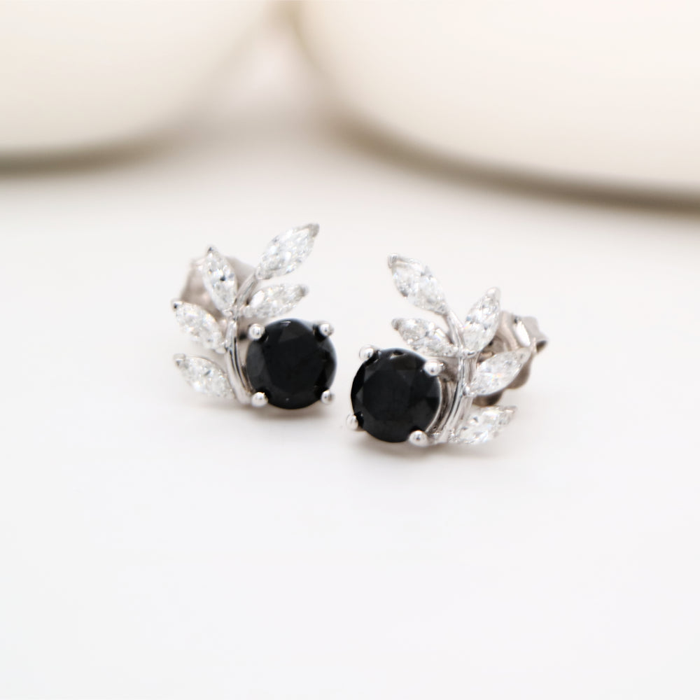Natural black diamond garland studs in 9k white gold