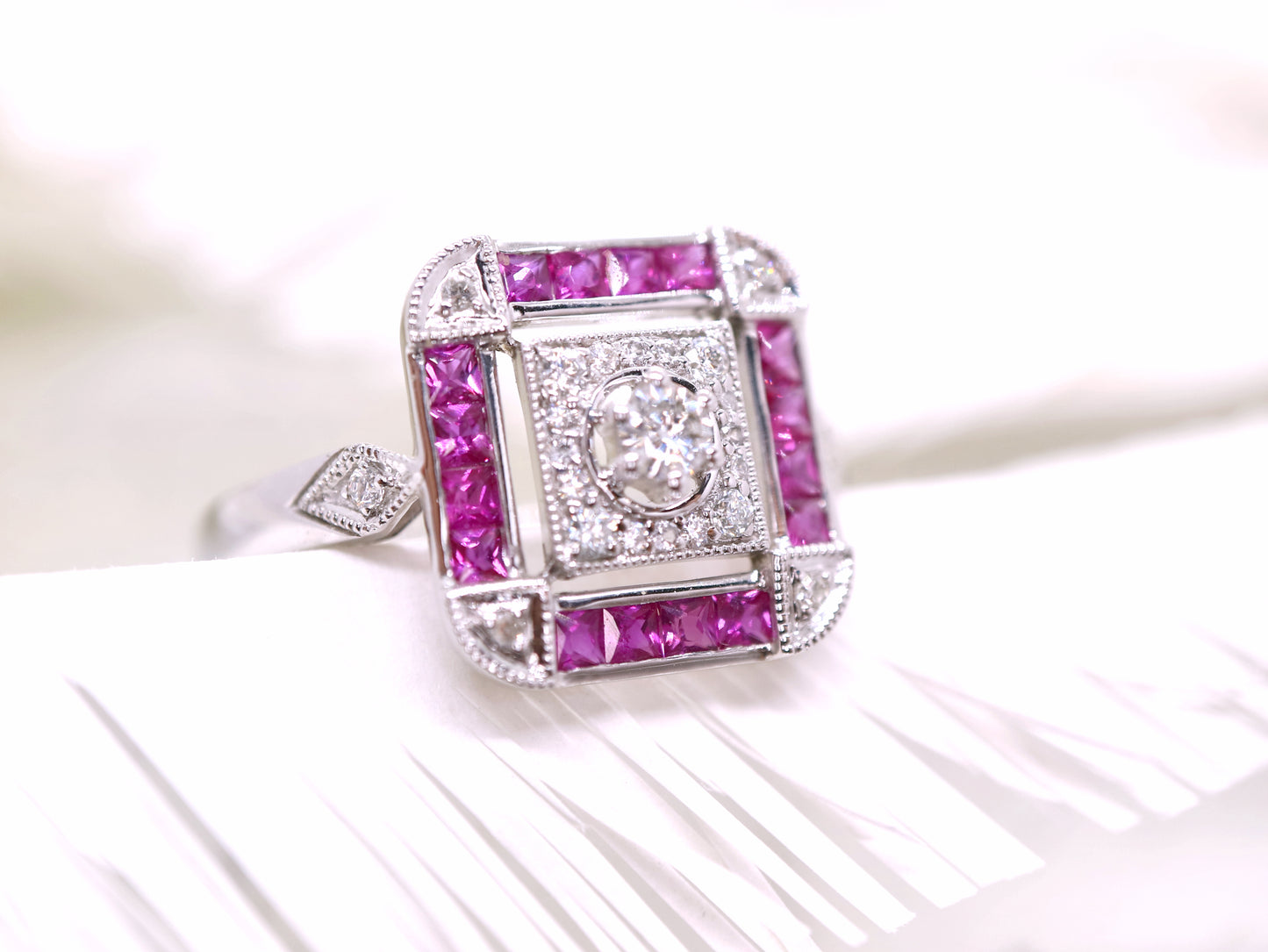 Art deco ruby ring in square channel set design