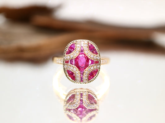 Art Deco ruby and diamond ring in yellow gold