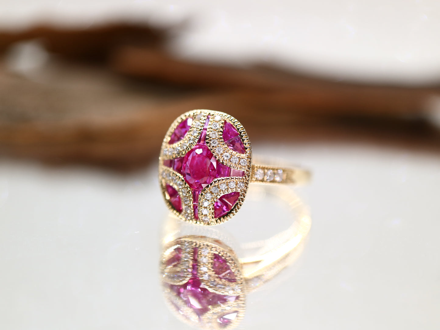 Art Deco ruby and diamond ring in yellow gold