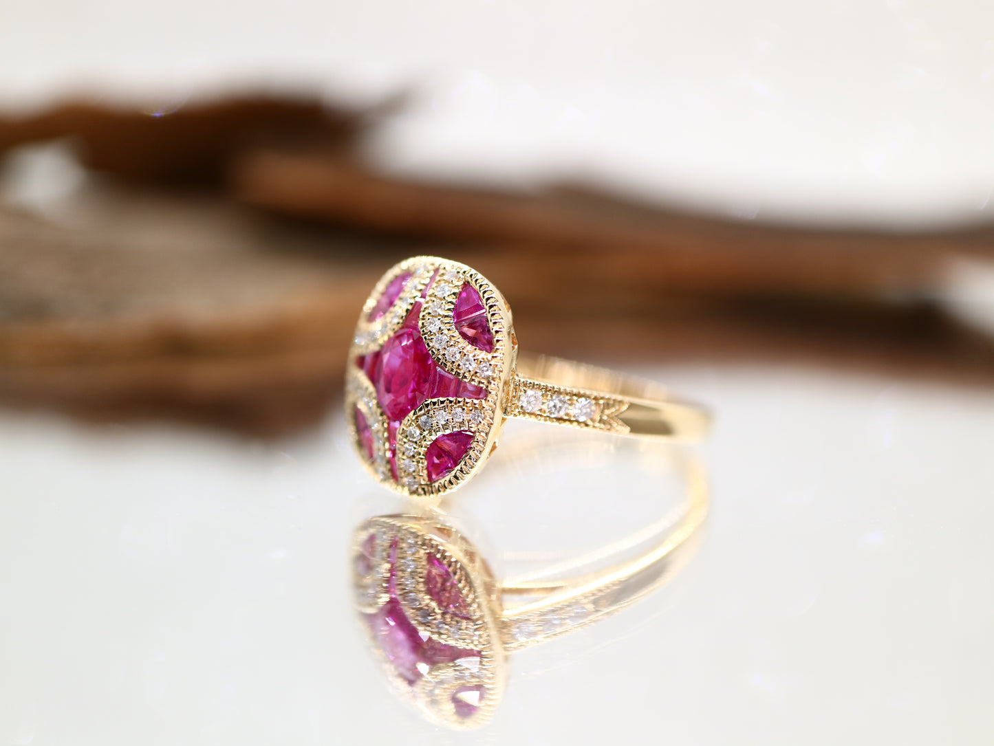 Art Deco ruby and diamond ring in yellow gold