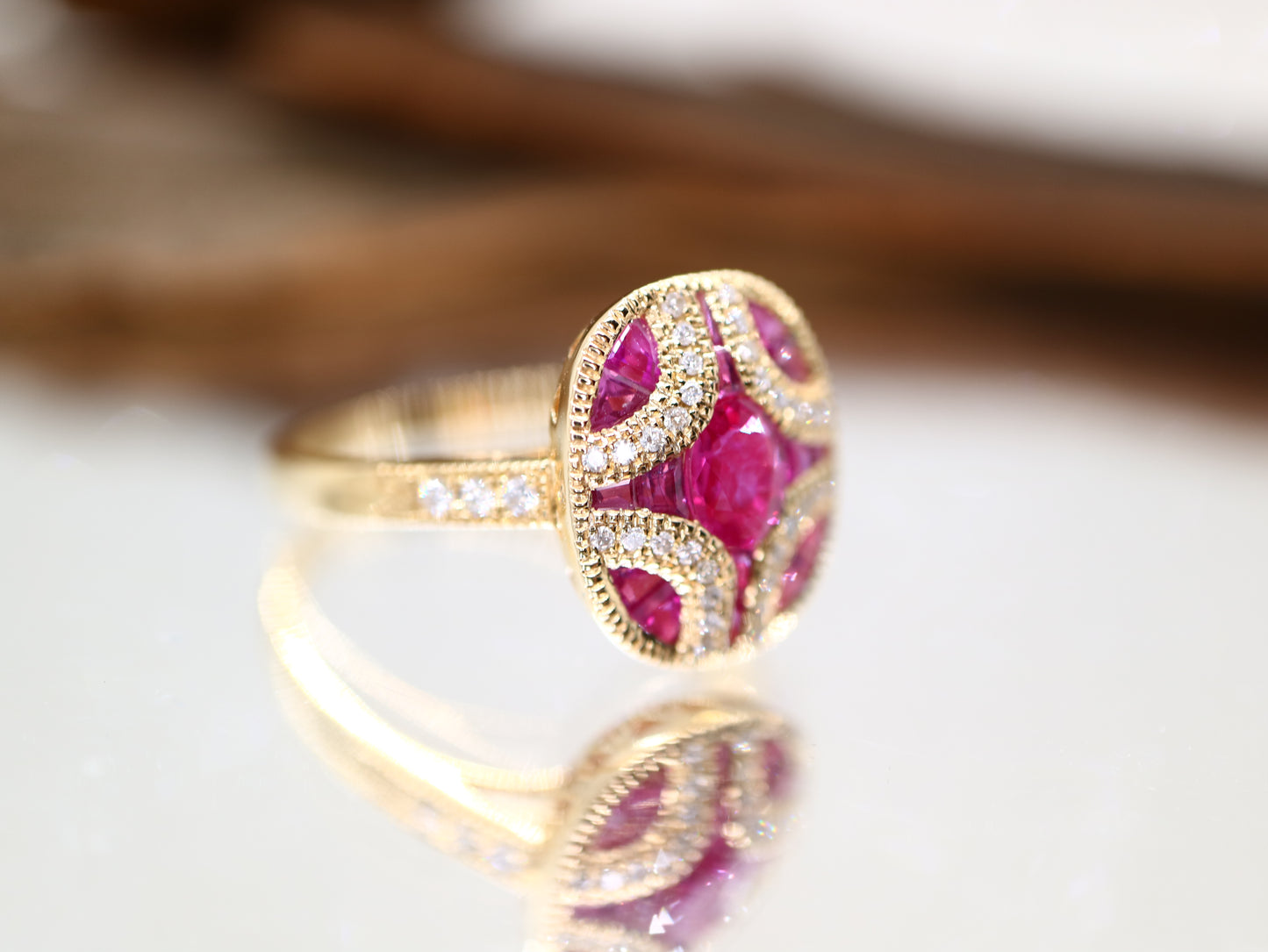 Art Deco ruby and diamond ring in yellow gold