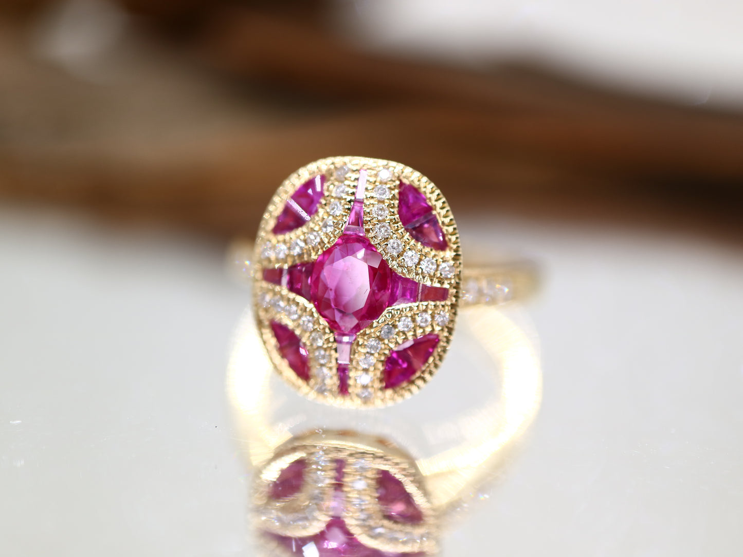 Art Deco ruby and diamond ring in yellow gold