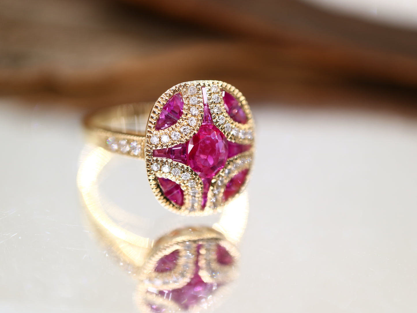 Art Deco ruby and diamond ring in yellow gold