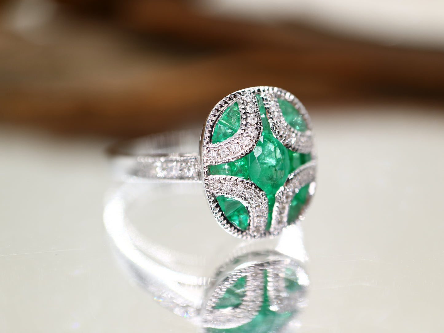 Art Deco emerald and diamond ring in white gold