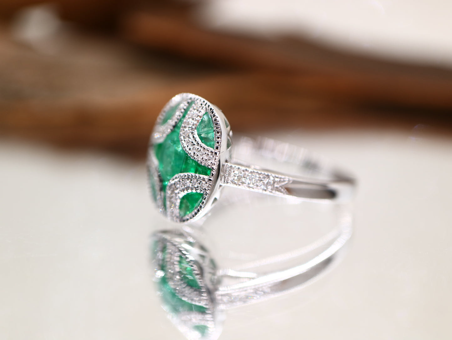 Art Deco emerald and diamond ring in white gold