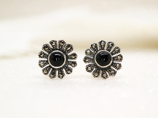 Black onyx and marcasite flower earrings in sterling silver