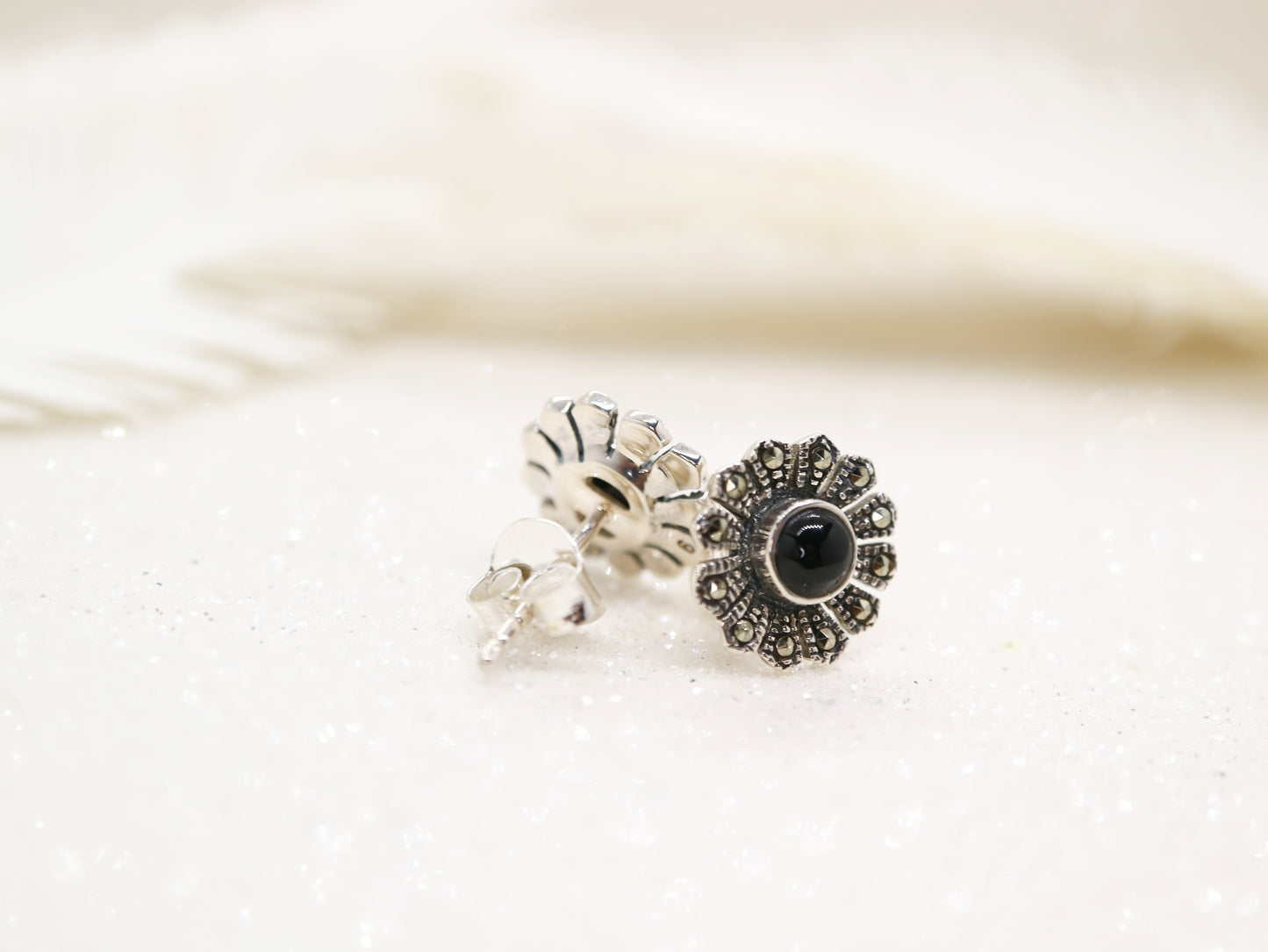 Black onyx and marcasite flower earrings in sterling silver