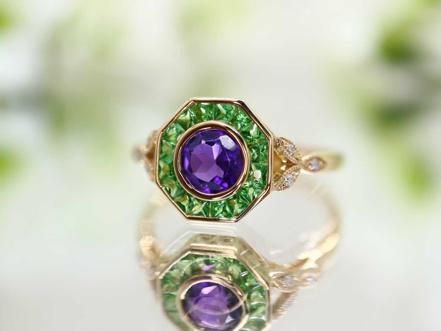 Tsavorite Garnet and Amethyst hexagon ring