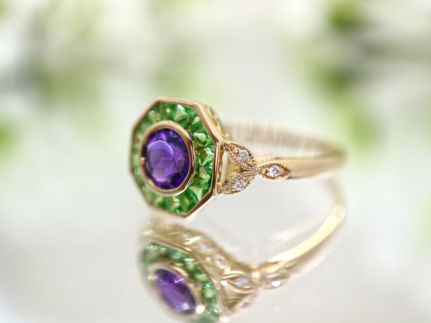 Tsavorite Garnet and Amethyst hexagon ring