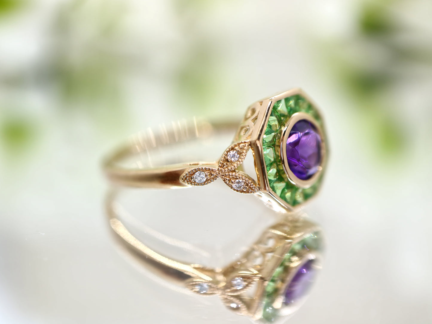 Tsavorite Garnet and Amethyst hexagon ring