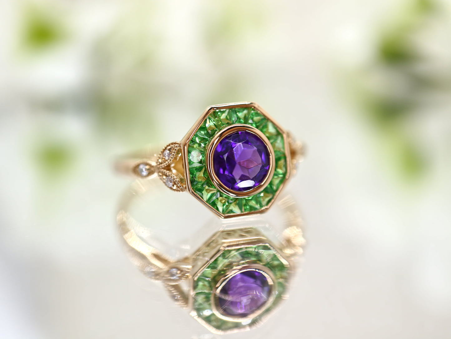 Tsavorite Garnet and Amethyst hexagon ring