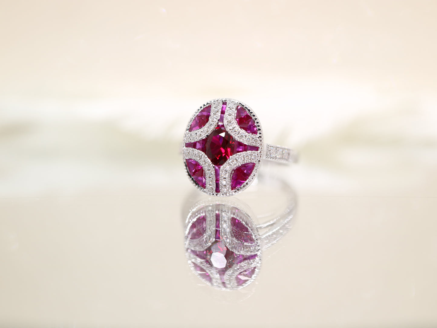 Art Deco ruby and diamond ring in white gold