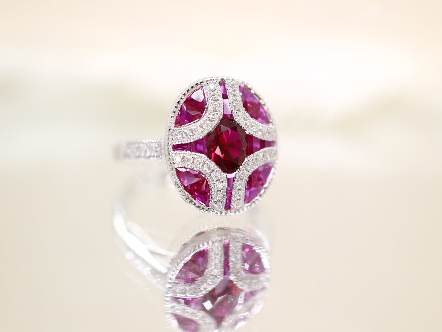 Art Deco ruby and diamond ring in white gold