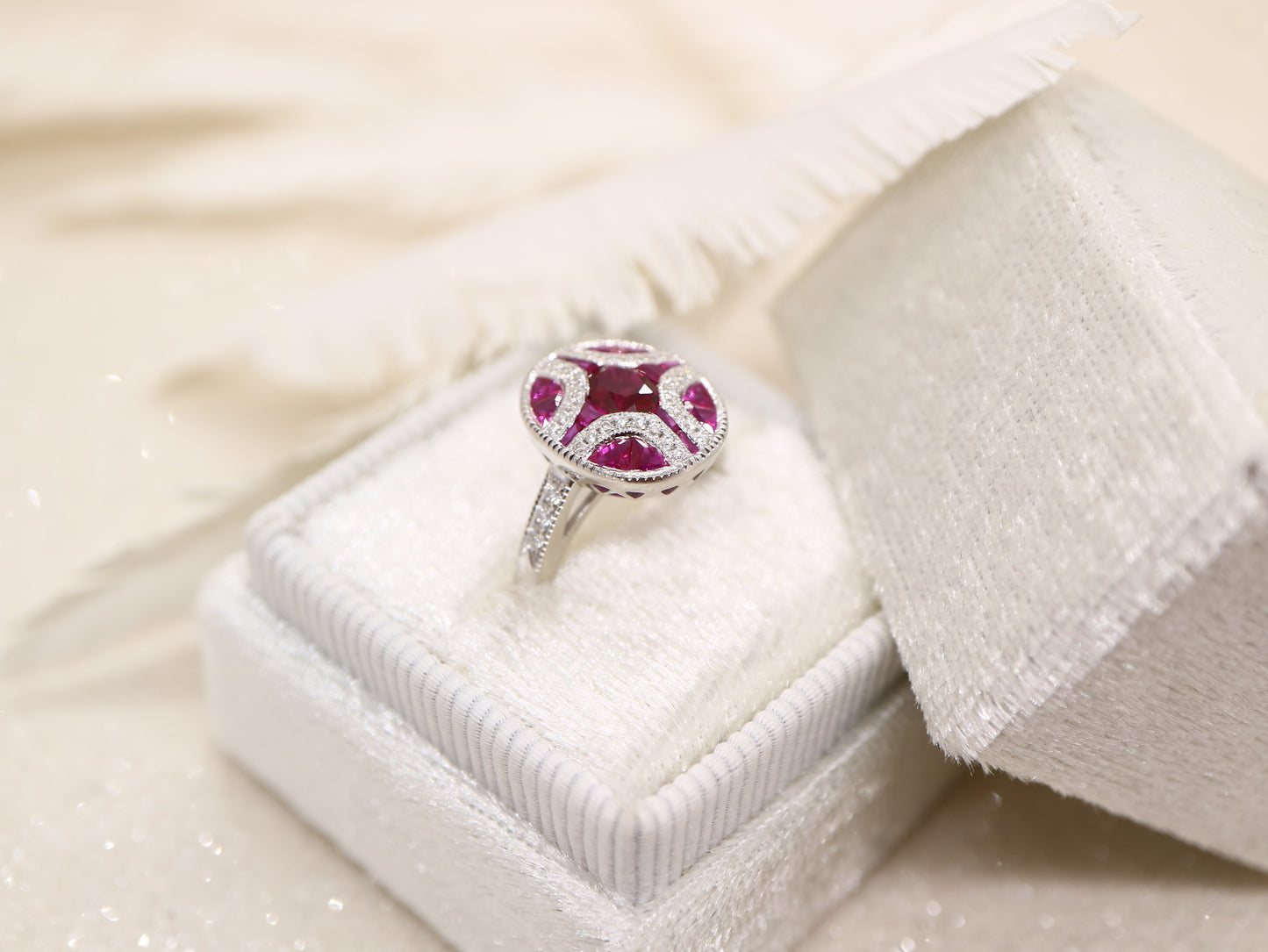 Art Deco ruby and diamond ring in white gold