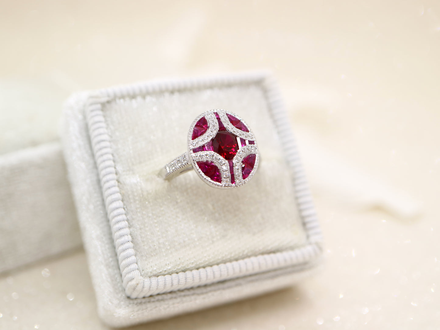 Art Deco ruby and diamond ring in white gold