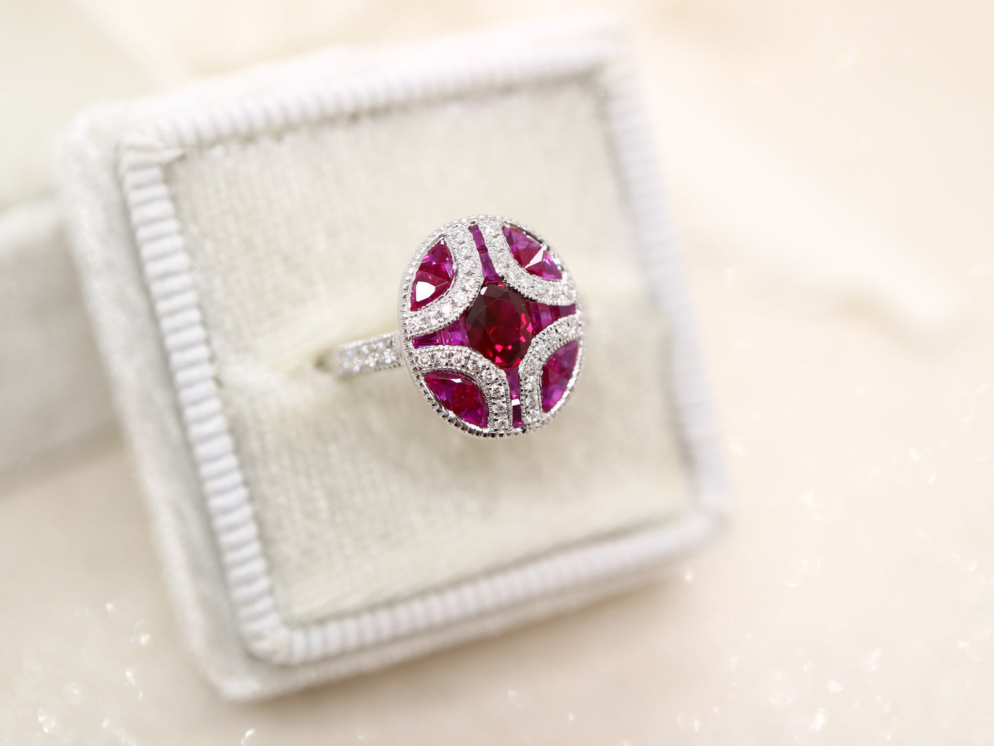 Art Deco ruby and diamond ring in white gold