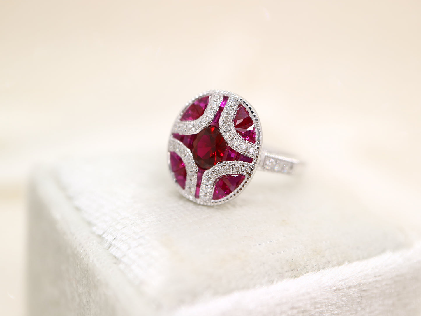 Art Deco ruby and diamond ring in white gold