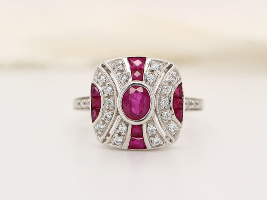 Art deco ruby ring in classic cushion design