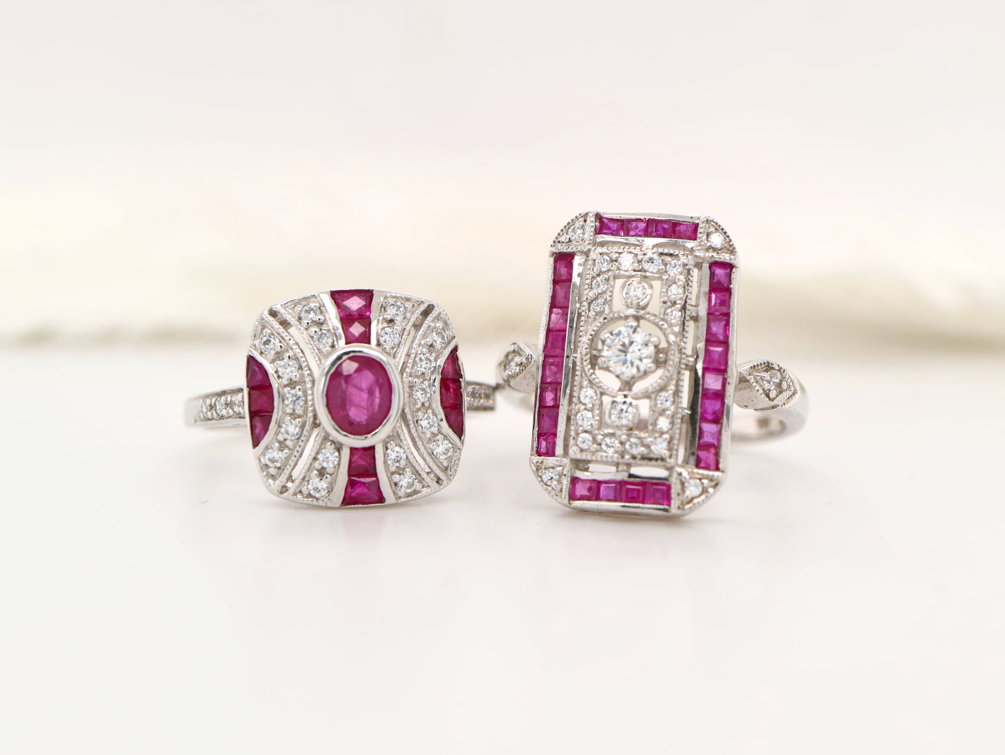 Art deco ruby ring in classic cushion design