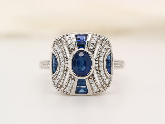 Art deco sapphire ring in classic cushion design