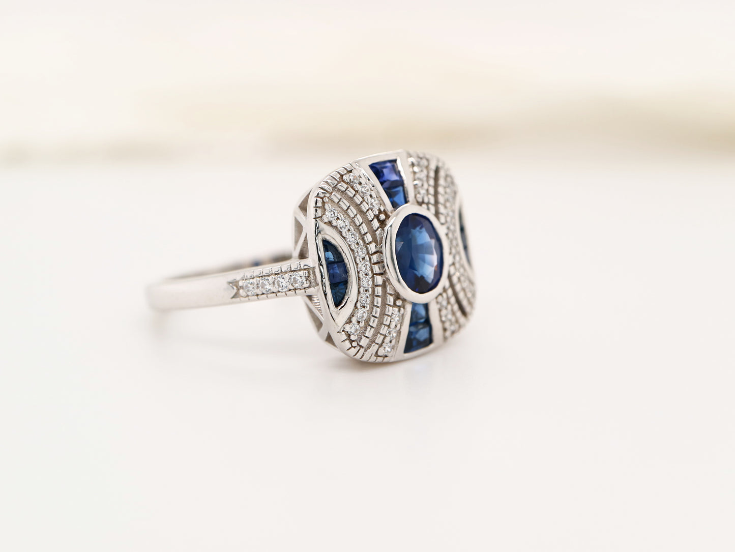 Art deco sapphire ring in classic cushion design