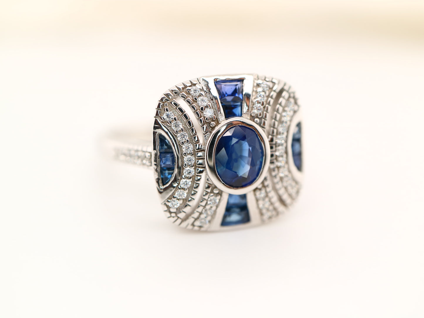 Art deco sapphire ring in classic cushion design