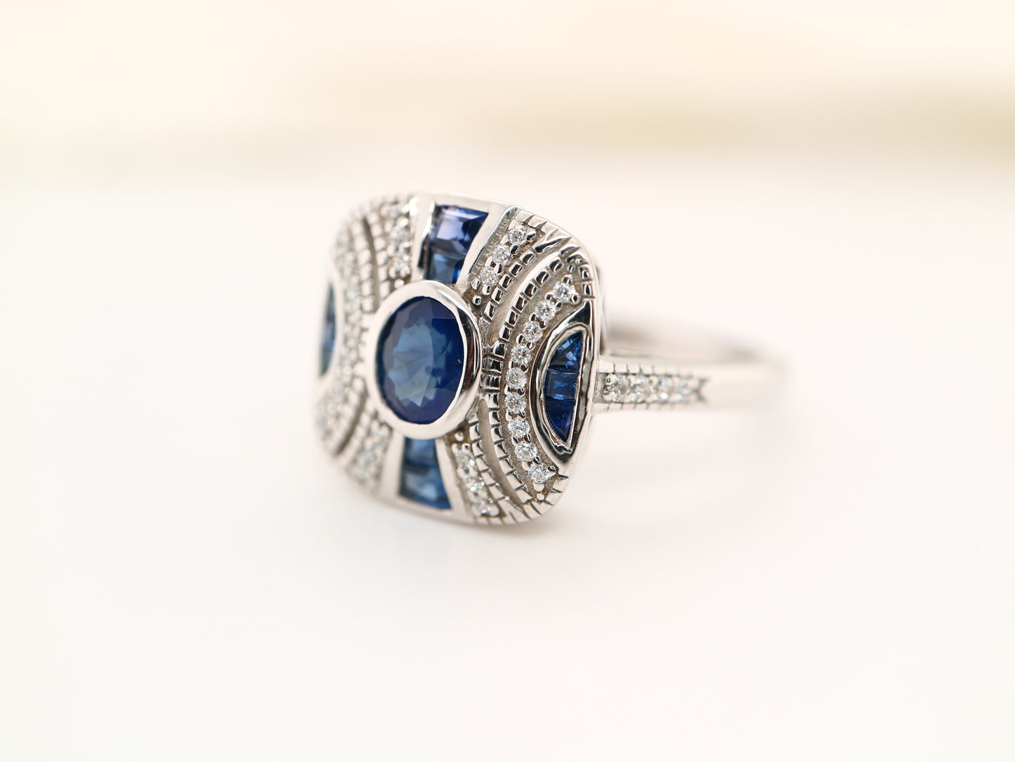 Art deco sapphire ring in classic cushion design