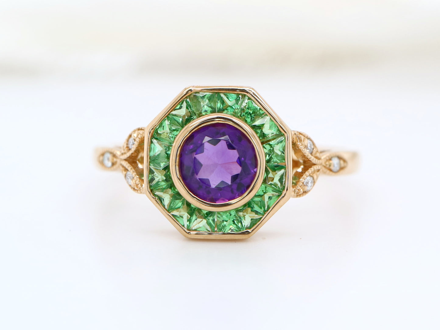 Tsavorite Garnet and Amethyst hexagon ring