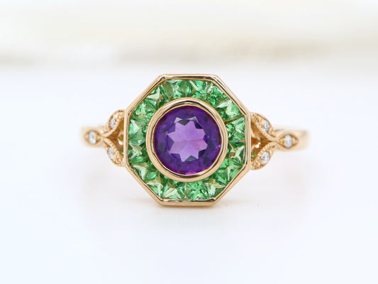 Tsavorite Garnet and Amethyst hexagon ring