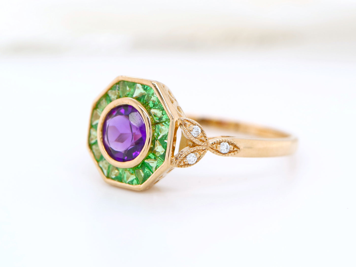 Tsavorite Garnet and Amethyst hexagon ring