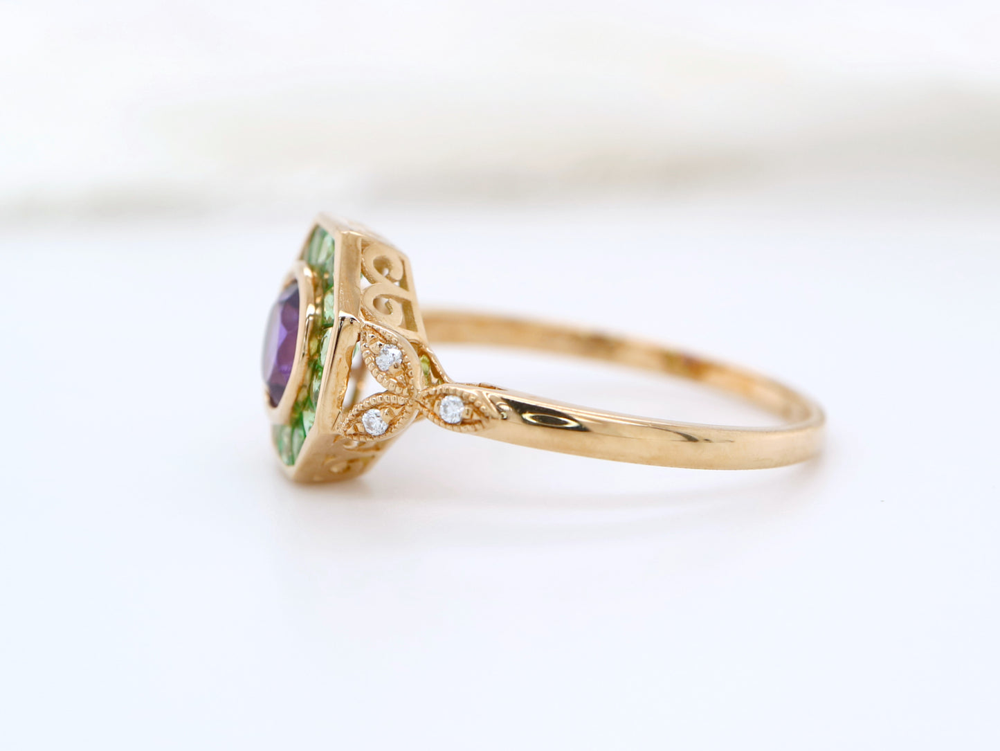 Tsavorite Garnet and Amethyst hexagon ring