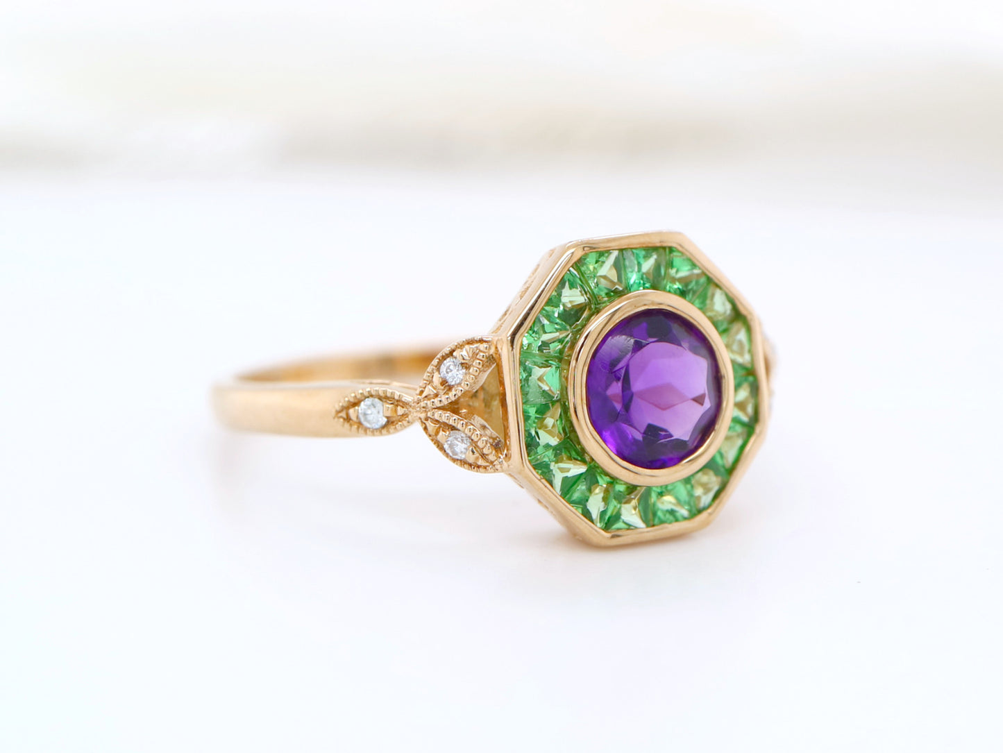 Tsavorite Garnet and Amethyst hexagon ring