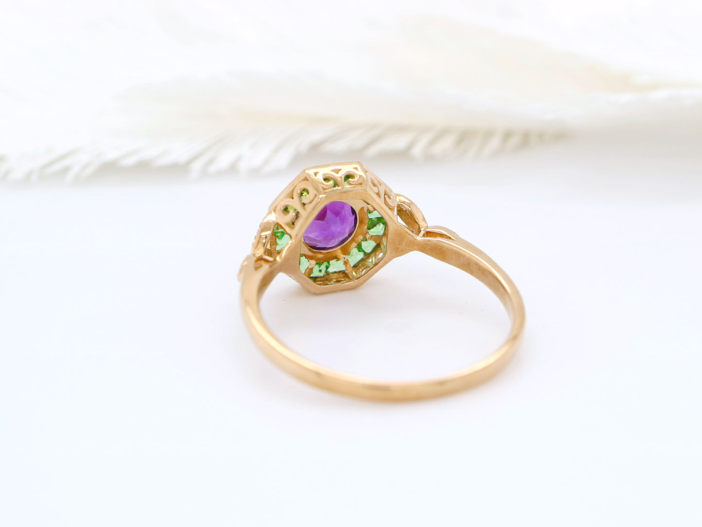 Tsavorite Garnet and Amethyst hexagon ring