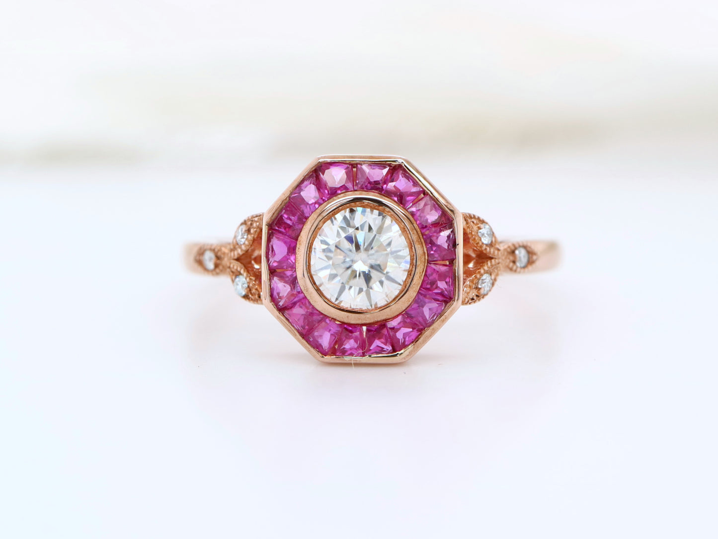 Pink Tourmaline and Diamond hexagon ring