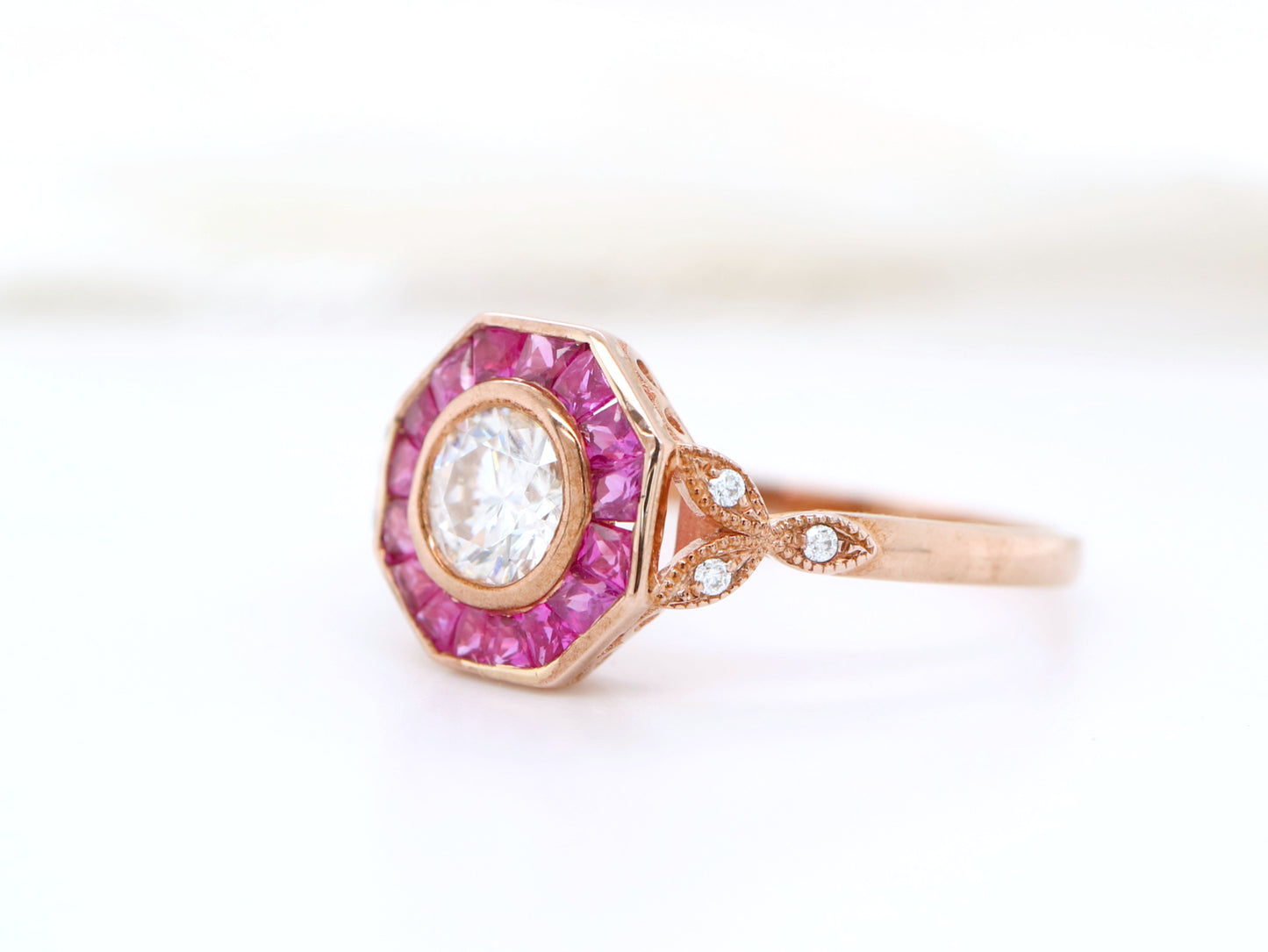 Pink Tourmaline and Diamond hexagon ring