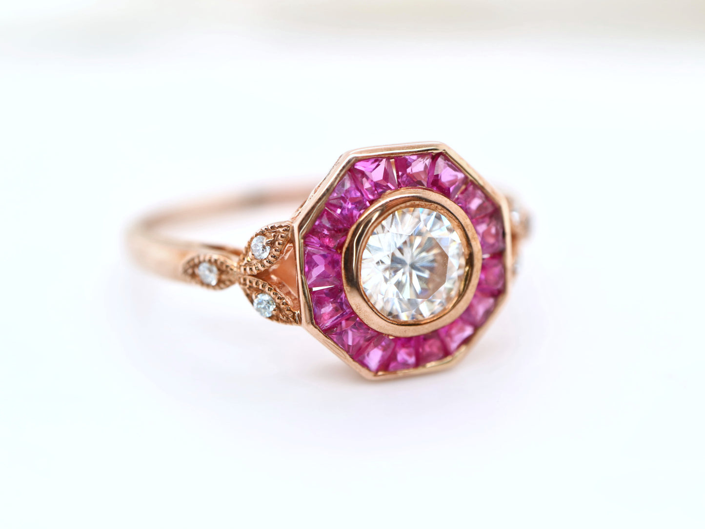 Pink Tourmaline and Diamond hexagon ring