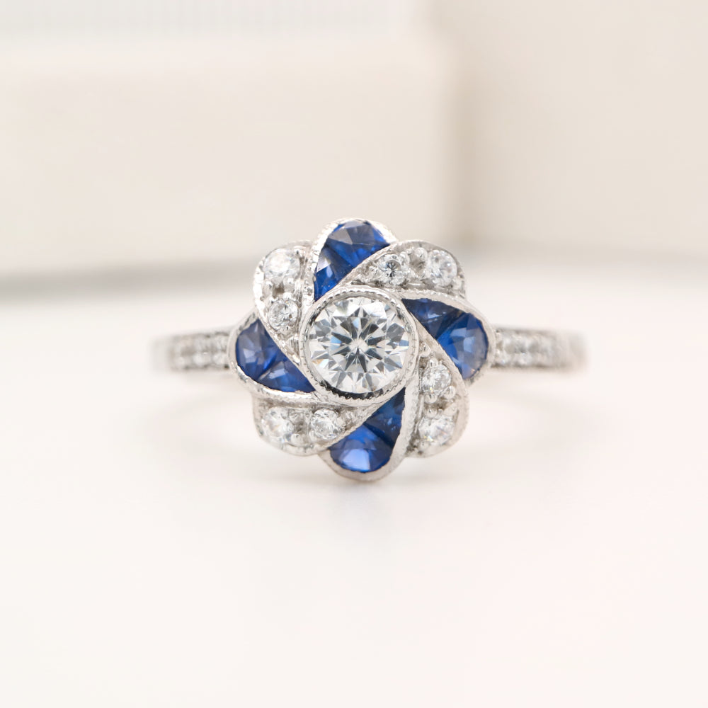 Vintage sapphire ring in pinwheel design