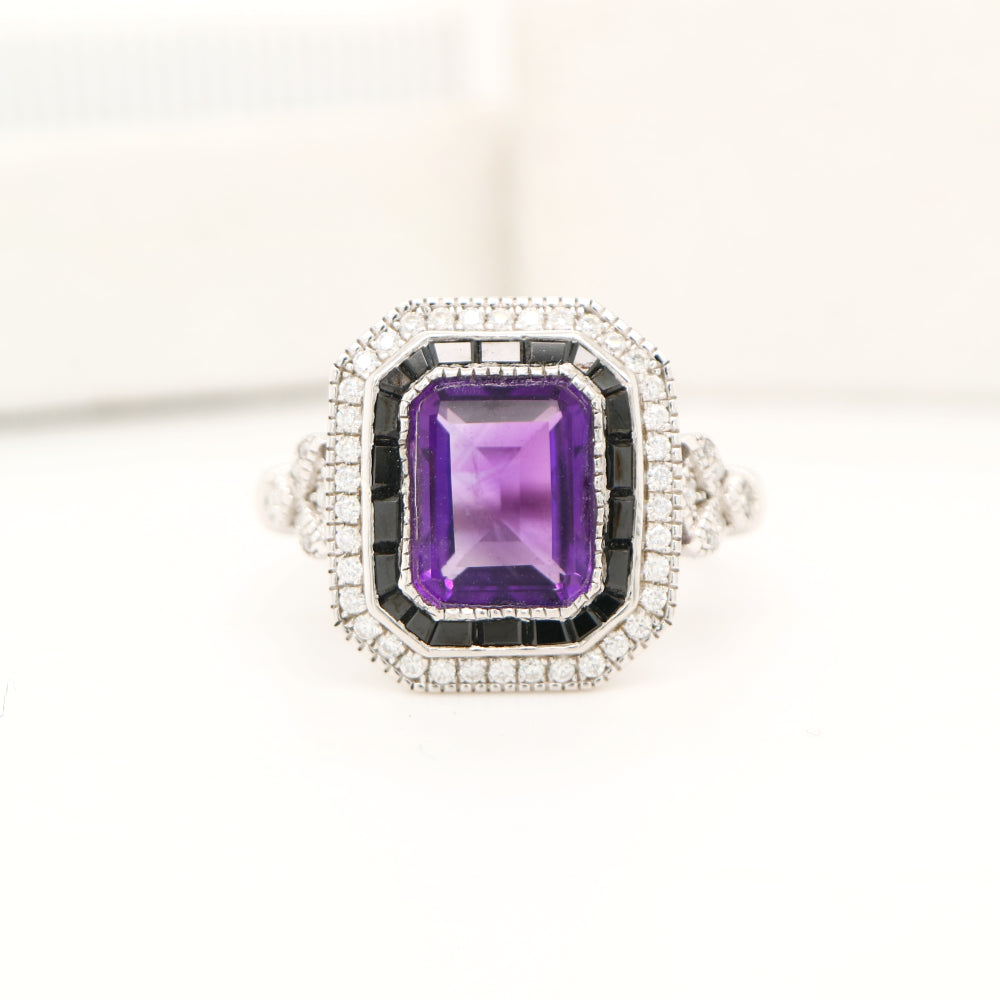 Art deco style amethyst ring with black onyx channel set halo