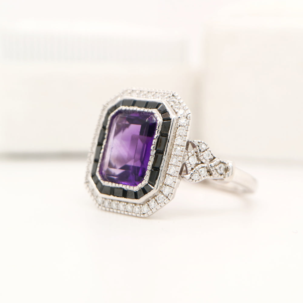 Art deco style amethyst ring with black onyx channel set halo