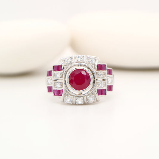 Art deco ruby ring with French cut rubies and diamonds